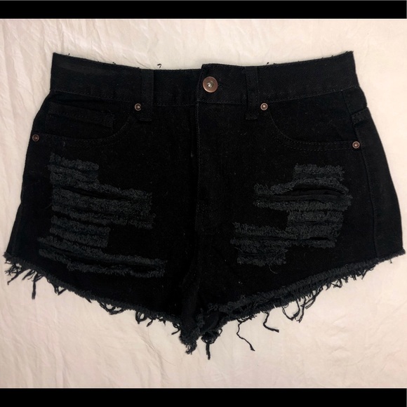 distressed black jean shorts